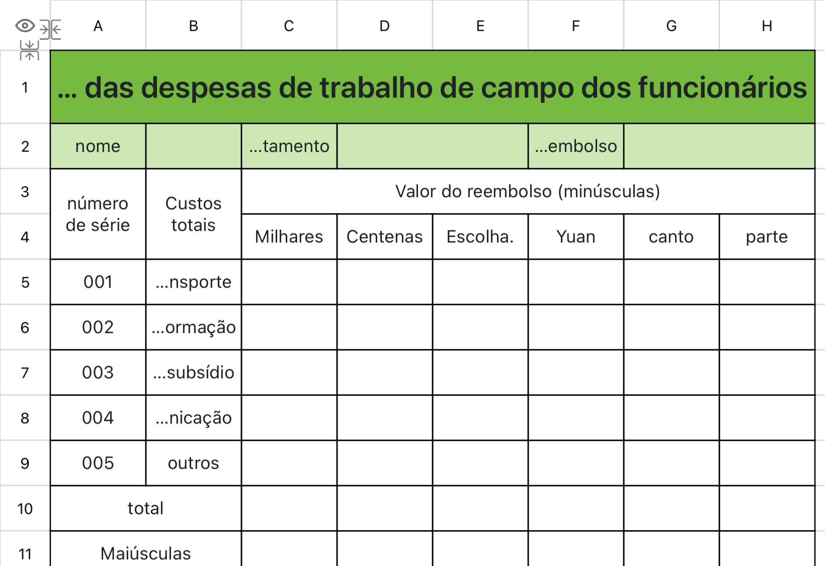 Reimbolso das despesas de trabalho de campo dos funcionários